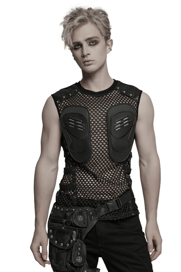 Cyberpunk Mesh Top for Men with Studded Faux Leather Design